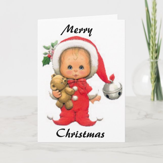 Christmas Baby Elf And Teddy Holiday Card (Front)