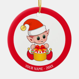 Christmas Baby Elf & Custom Name Ceramic Tree Decoration