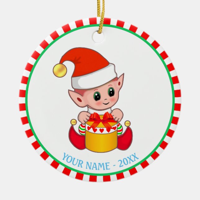 Christmas Baby Elf & Custom Name Ceramic Tree Decoration (Front)