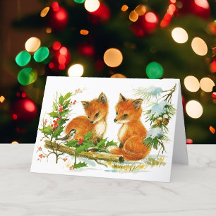 Christmas Baby Foxes & Chickadee Woodland Friends Holiday Card