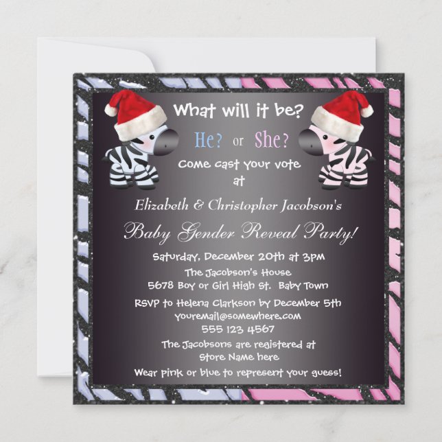 Christmas Baby Gender Reveal Zebras & Animal Print Invitation (Front)