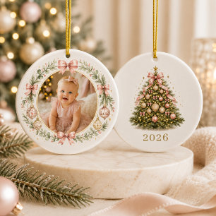 Christmas Baby Girl Coquette Bow Photo Ceramic Tree Decoration
