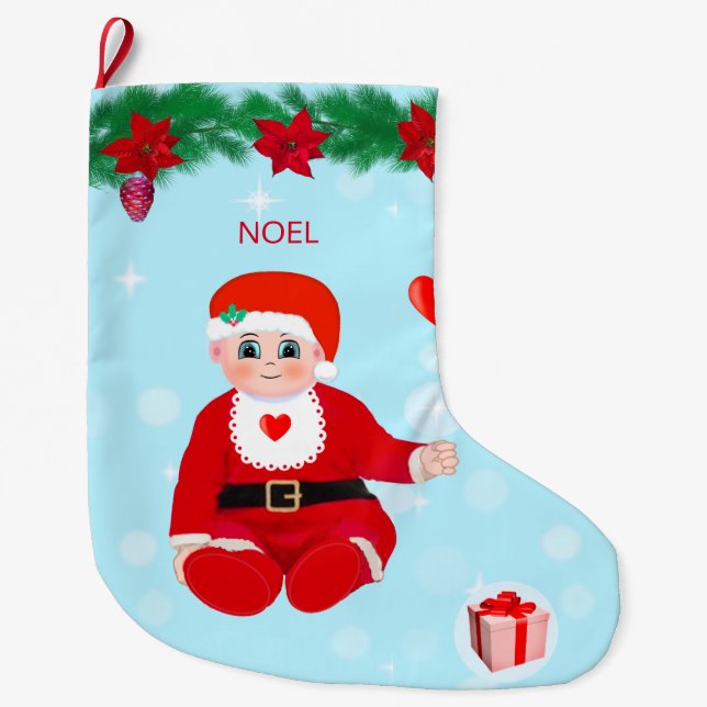 Christmas baby, hearts, poinsettias and pine large christmas stocking (Front)