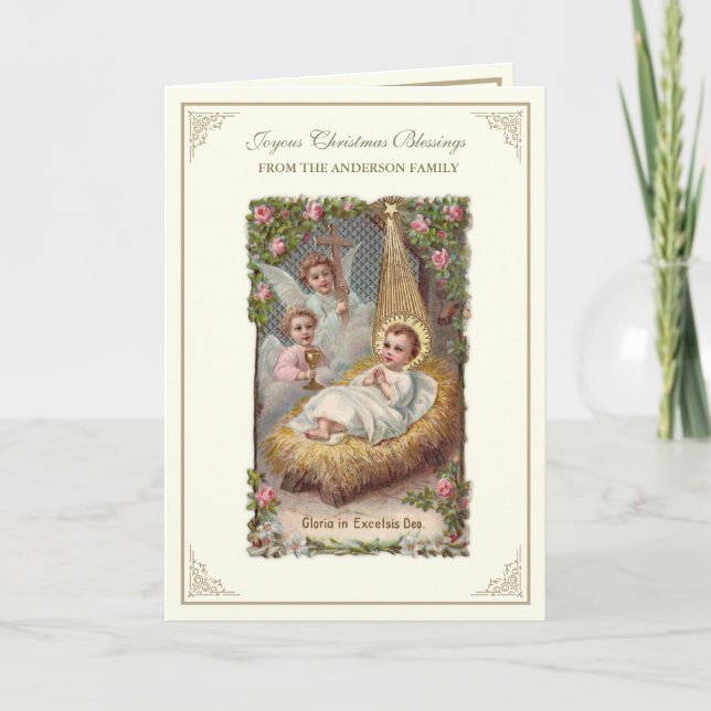 Christmas Baby Jesus Angels Poinsettias Holiday Card (Front)