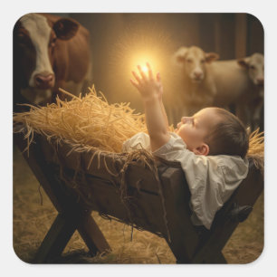 Christmas Baby Jesus In a Manger Square Sticker