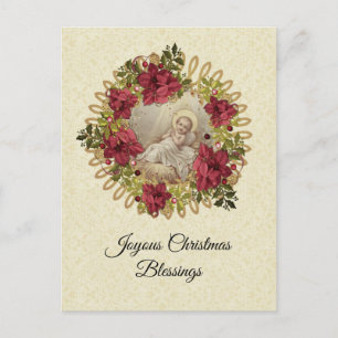 Christmas Baby Jesus in Manger Floral Pointsettia Postcard