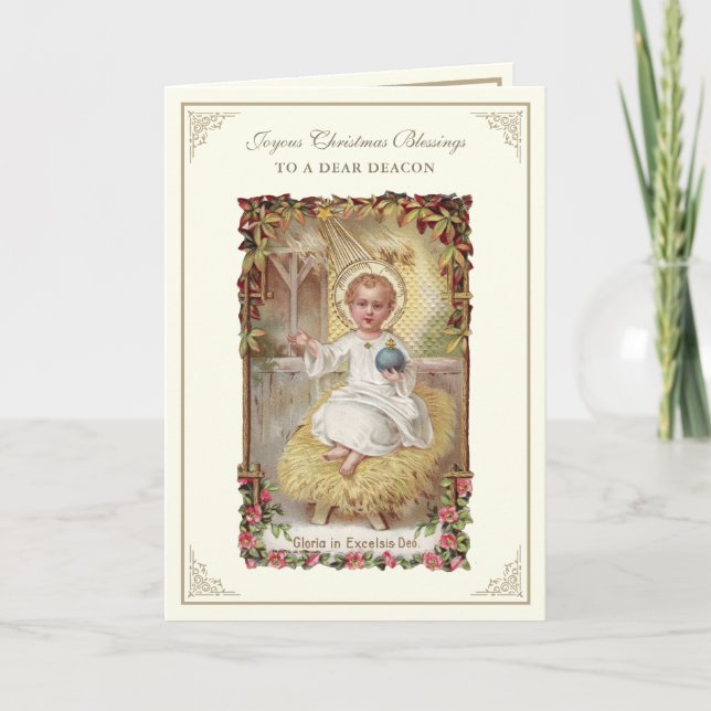 Christmas Baby Jesus Poinsettias Deacon Holiday Card (Front)