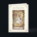 Christmas Baby Jesus Poinsettias Rosary Holiday Card<br><div class="desc">Featuring a beautiful vintage image of the Baby Jesus in a manger holding a globe with a vintage rose border. ... Inside is a poinsettia floral bouquet,  rosary,  and scripture verse below.     All text can be modified.</div>