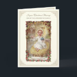 Christmas Baby Jesus Poinsettias Rosary Holiday Card<br><div class="desc">Featuring a beautiful vintage image of the Baby Jesus in a manger holding a globe with a vintage rose border. ... Inside is a poinsettia floral bouquet,  rosary,  and scripture verse below.     All text can be modified.</div>