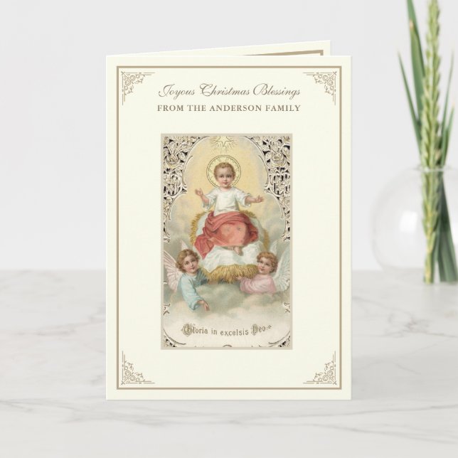 Christmas Baby Jesus Poinsettias Rosary Holiday Card (Front)