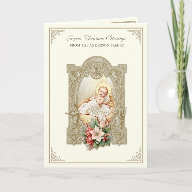 Christmas Baby Jesus Poinsettias Scripture Holiday Card (Front)