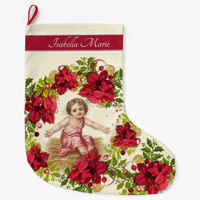Christmas Baby Jesus Pointsettia Wreath Large Christmas Stocking (Front)