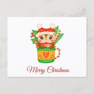 Christmas Baby Owl in a Teacup with Candy Cane  Holiday Postcard
