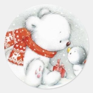 Christmas Baby Polar Bear Kissing Bird Classic Round Sticker