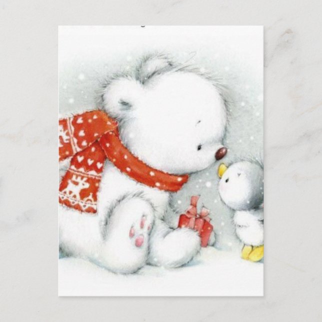 Christmas Baby Polar Bear Kissing Bird Holiday Postcard (Front)