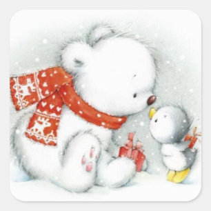 Christmas Baby Polar Bear Kissing Bird Square Sticker