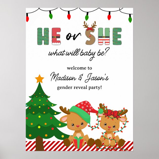 Christmas Baby Reindeer Gender Reveal Welcome Sign (Front)