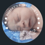 Christmas Baby Shower Blue Navy Photo Template Cur Classic Round Sticker<br><div class="desc">Celebrate every moment with this dreamy blue baby shower sticker, inspired by the warmth of holiday arrivals. Easily edit names, dates, or add your baby’s photo for a personal touch. Perfect for showers, gifts, and festive announcements—share the joy instantly! Customise now and make your celebration stand out with effortless style....</div>