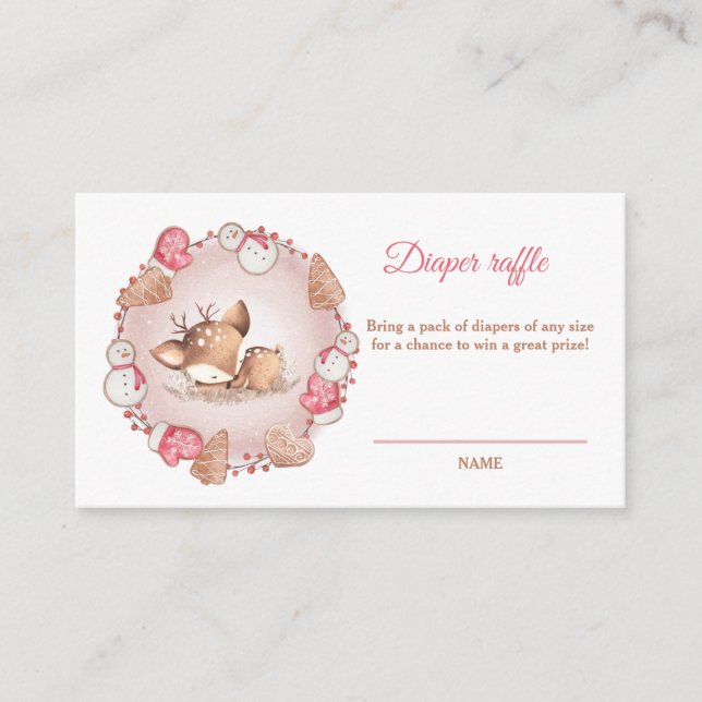 Christmas Baby Shower Deer Girl Diaper Raffle Card (Front)