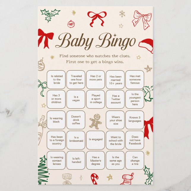 Christmas Baby Shower Find the Guest Bingo Game (Front)