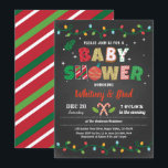Christmas baby shower gender neutral chalkboard invitation<br><div class="desc">[All text are editable,  except "BABY SHOWER"]
Get this stylish design now!
Occasion: baby shower.
Theme: Christmas,  holiday party
Style: modern,  chic,  cheerful,  fun
Colours: red,  white,  green,  festive colours.
Graphics: chalkboard background,  Christmas candy cane,  colourful Christmas string light</div>