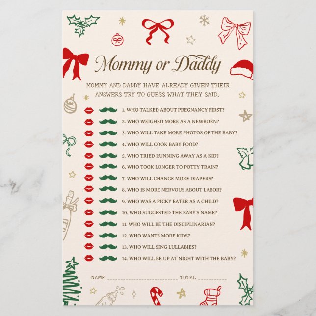 Christmas Baby Shower Guess Mommy or Daddy Game (Front)