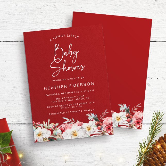 Christmas Baby Shower Invitation (Rustic Boho Chic Watercolor Botanical Berries A Merry Little Baby Shower Invitations)