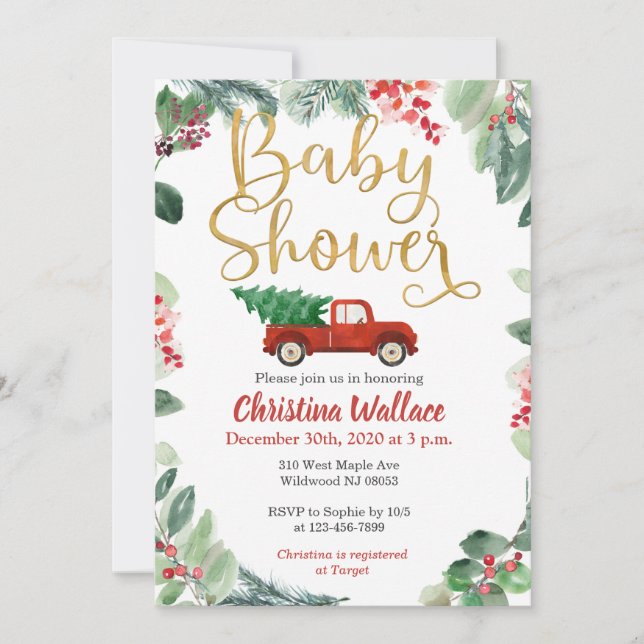 Christmas Baby Shower Invitations with Red Truck (Front)