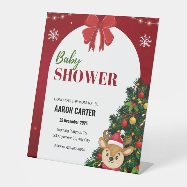 Christmas Baby Shower Red and White Invitation Pedestal Sign (Front)