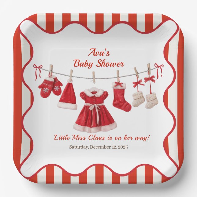 Christmas Baby Shower | Santa Clothes Red & White Paper Plate (Front)