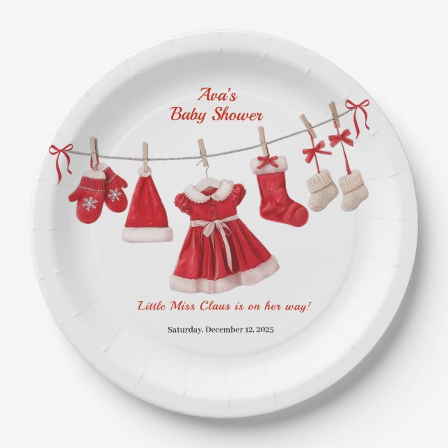 Christmas Baby Shower | Santa Clothes Red & White Paper Plate (Front)