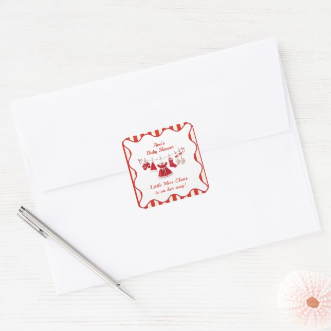 Christmas Baby Shower | Santa Clothes Red & White Square Sticker (Envelope)