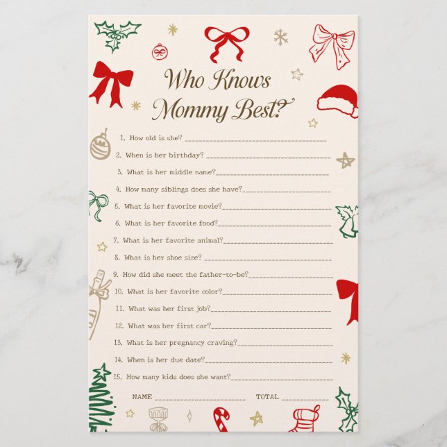 Christmas Baby Shower Who Knows the Mom Best Game (Front)