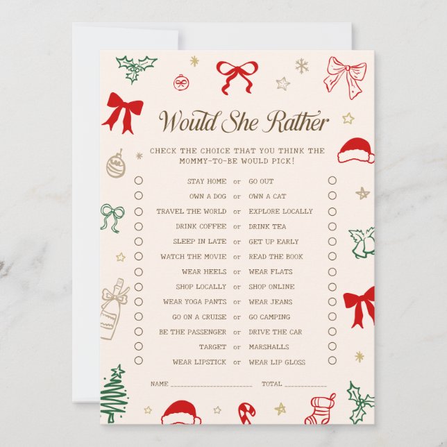 Christmas Baby Shower Would She Rather Game Card (Front)