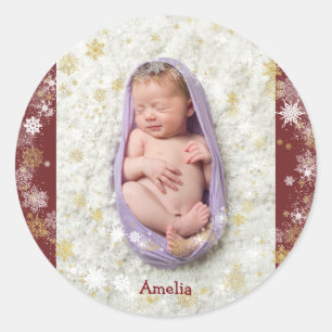 Christmas Baby Snowflakes Star Photo and Name Classic Round Sticker