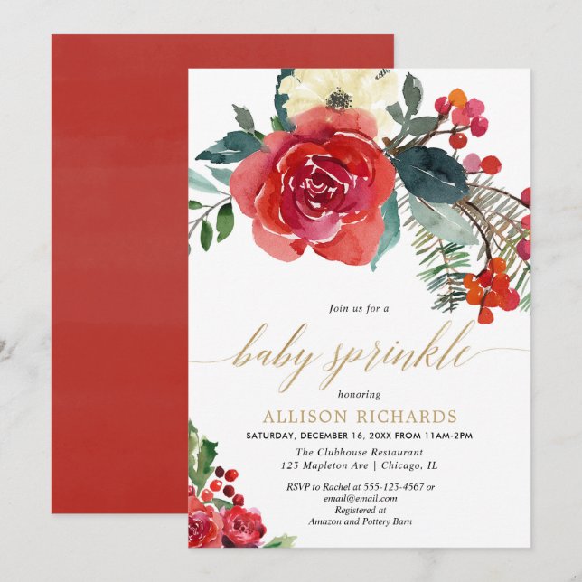 Christmas baby sprinkle red gold floral watercolor invitation (Front/Back)