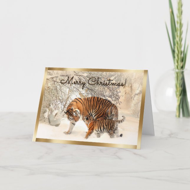 Christmas Baby tiger and Tiger mom in snowy forest Holiday Card (Front)
