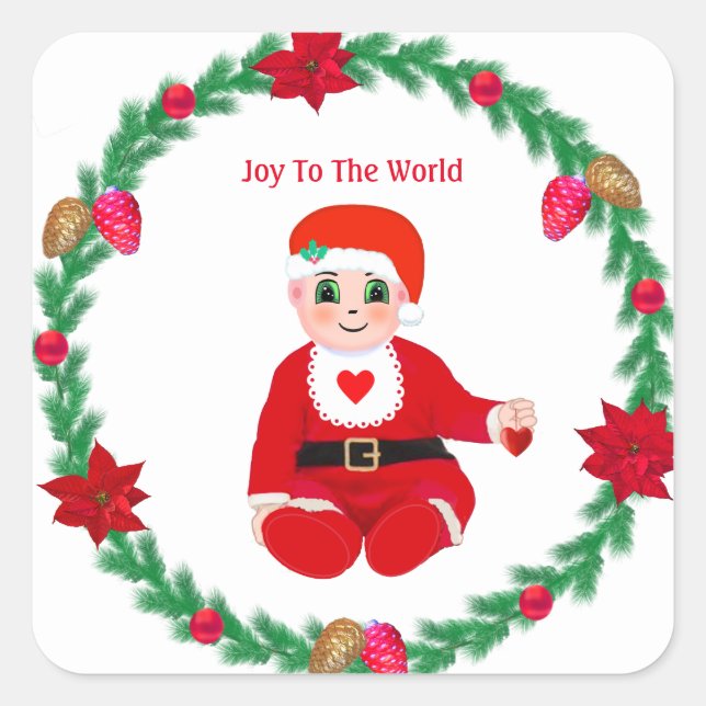 Christmas baby with happy face & pine wreath square sticker (Front)