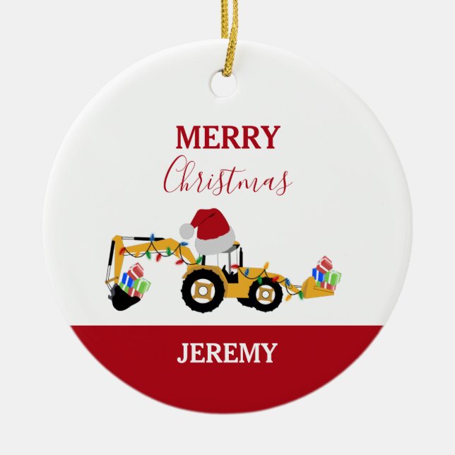 Christmas Backhoe Construction Truck Custom   Ceramic Tree Decoration (Front)