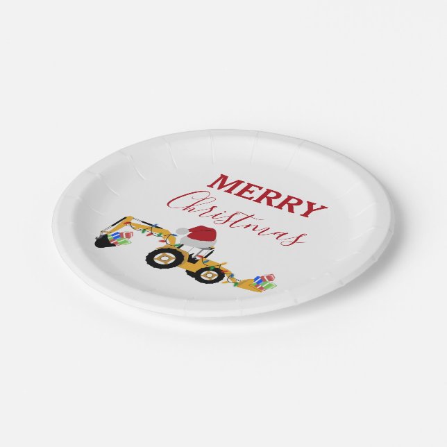 Christmas Backhoe Construction Truck  Paper Plate (Angled)