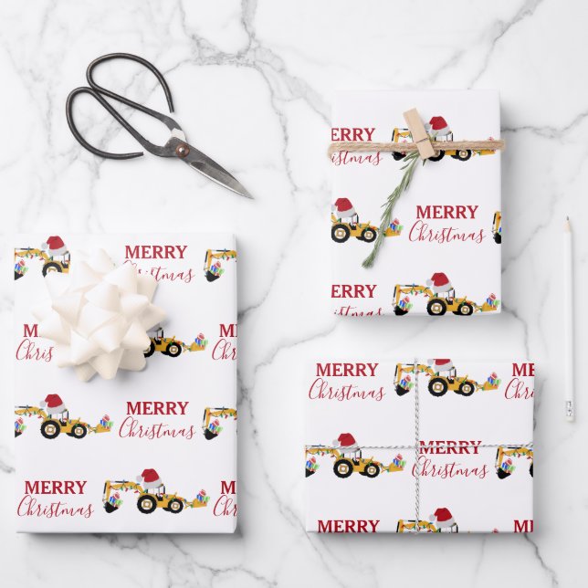 Christmas Backhoe Construction Truck  Wrapping Paper Sheet (Front)