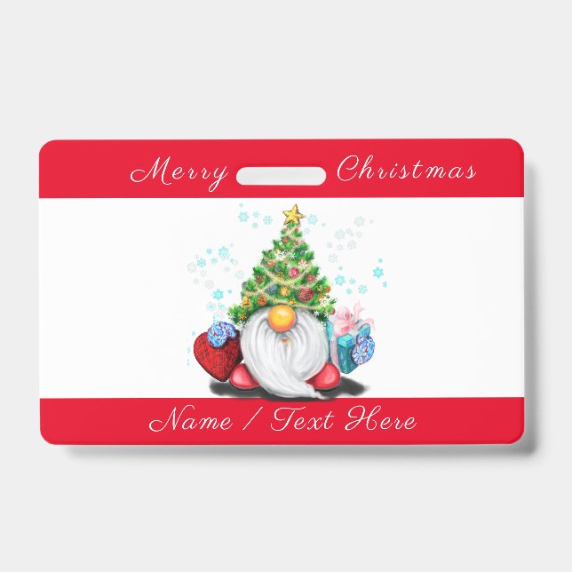 Christmas Badge Gnome with Gifts with Custom Name ID Badge (Front)