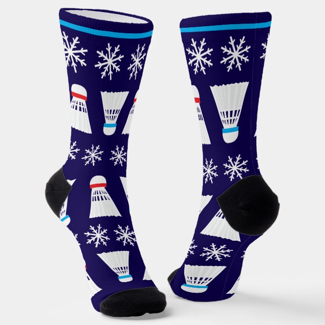 Christmas Badminton Player Shuttlecocks Snowflakes Socks (Angled)