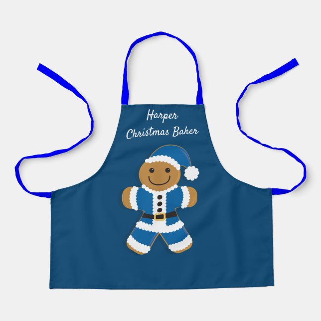 Christmas Baker Name Blue Santa Gingerbread Man Apron (Front)