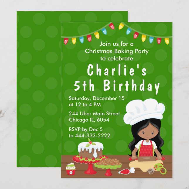 Christmas Baking Birthday African American Girl In Invitation (Front/Back)