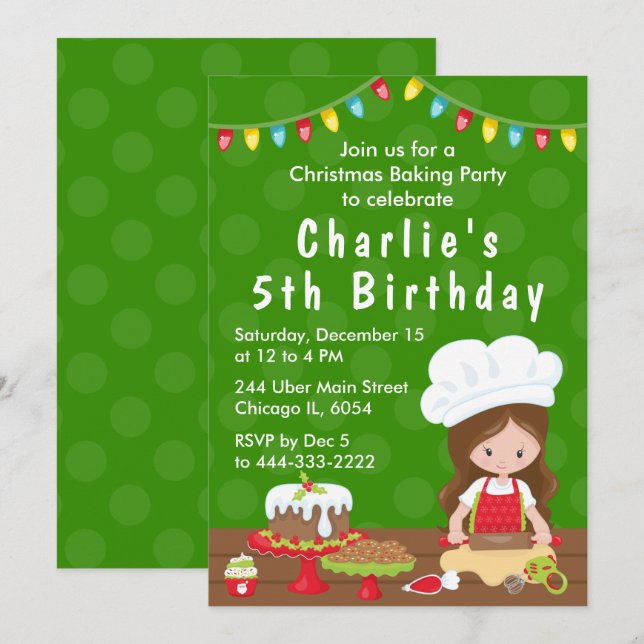 Christmas Baking Birthday Brown Hair Girl Invitati Invitation (Front/Back)