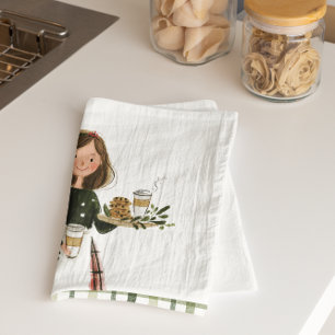 Christmas Baking Lady with Cat Personalized Tea Towel