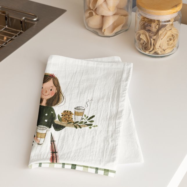 Christmas Baking Lady with Cat Personalized  Tea Towel (Creator Uploaded)