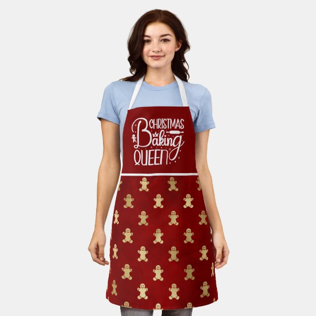 Christmas Baking Queen Red Gold Gingerbread Man Apron (Worn)