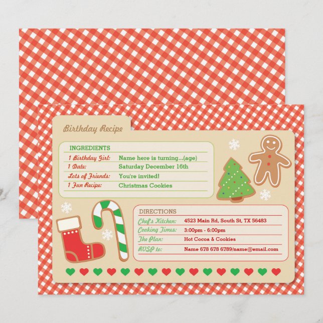 Christmas Baking Recipe Card Birthday Party invite (Front/Back)